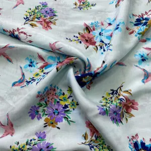 Mavi Çiçekli İpek Vual Kumaş 117