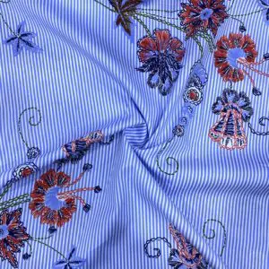 Mavi Çizgili Çiçekli Pamuk Poplin Kumaş 131