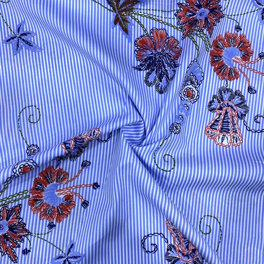 Mavi Çizgili Çiçekli Pamuk Poplin Kumaş 131