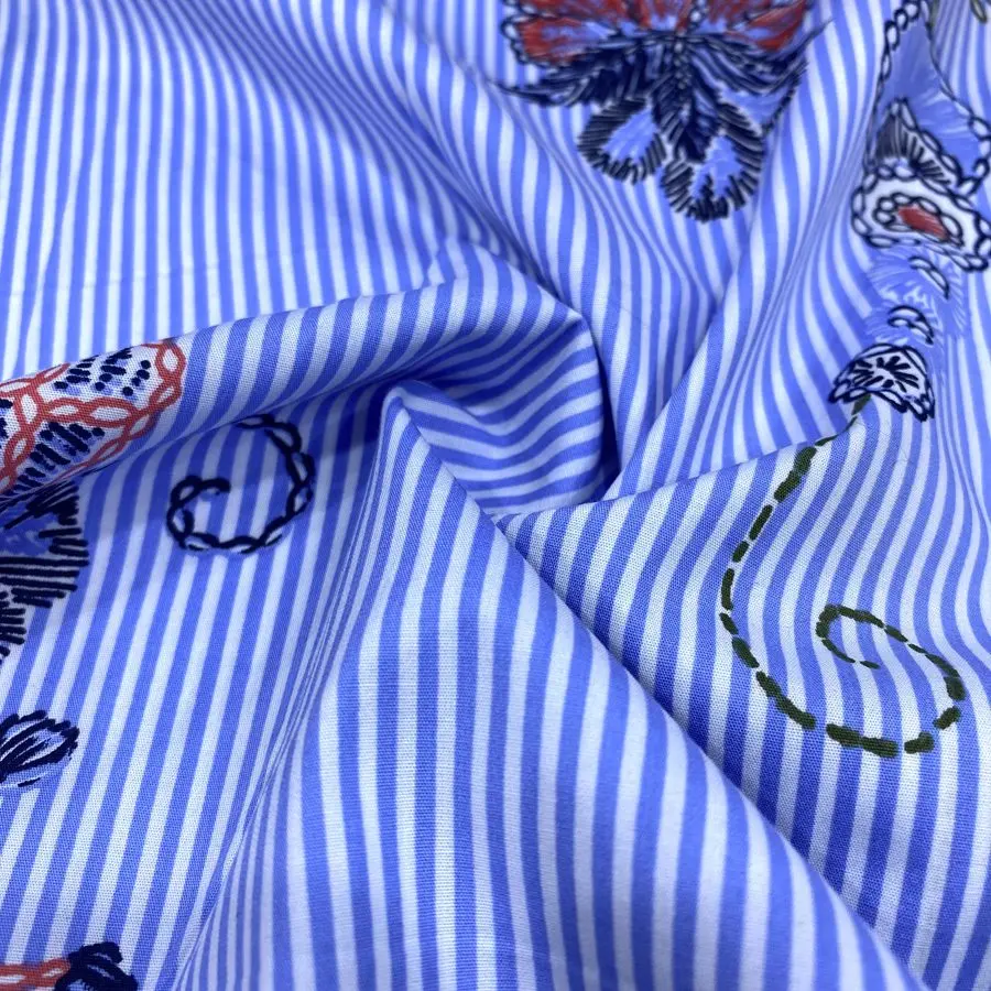 Mavi Çizgili Çiçekli Pamuk Poplin Kumaş 131