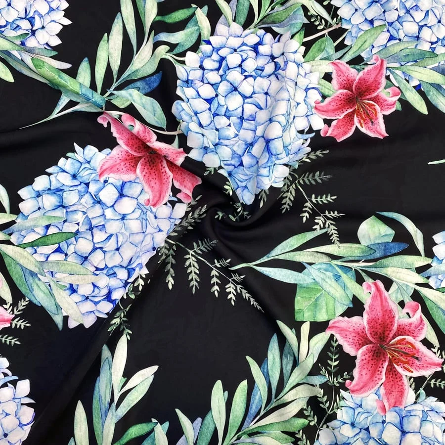 Özel Mavi Ortanca Desenli Jorjet Krep Kumaş 19 Özel Mavi Ortanca Desenli Jorjet Krep Kumaş 19