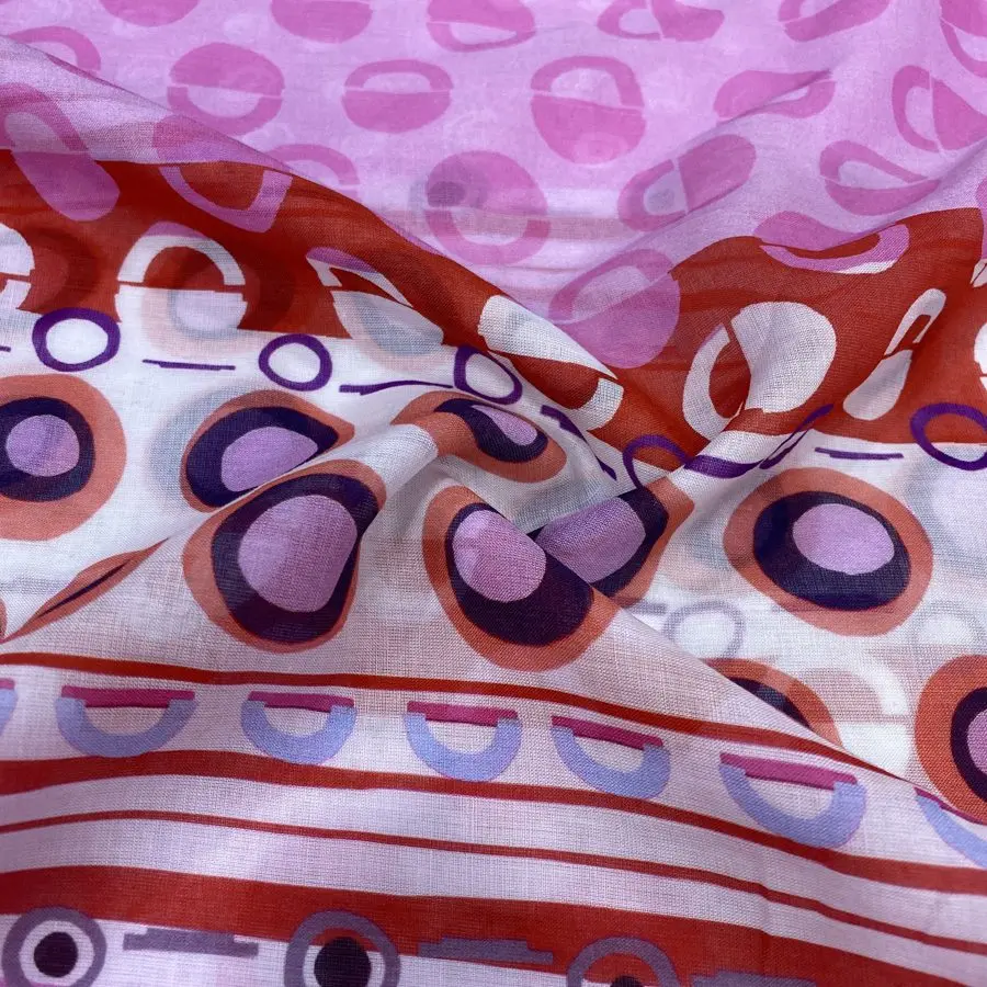 Pembe Geometrik Desenli İpek Vual Kumaş 94