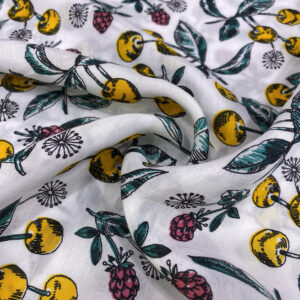 Sarı Kiraz Desenli İpek Vual Kumaş 119