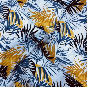 Mavi Yaprak Desenli Pamuk Viskon Kumaş 572