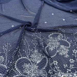 Lacivert Eteği Su Desenli Şifon Kumaş 179
