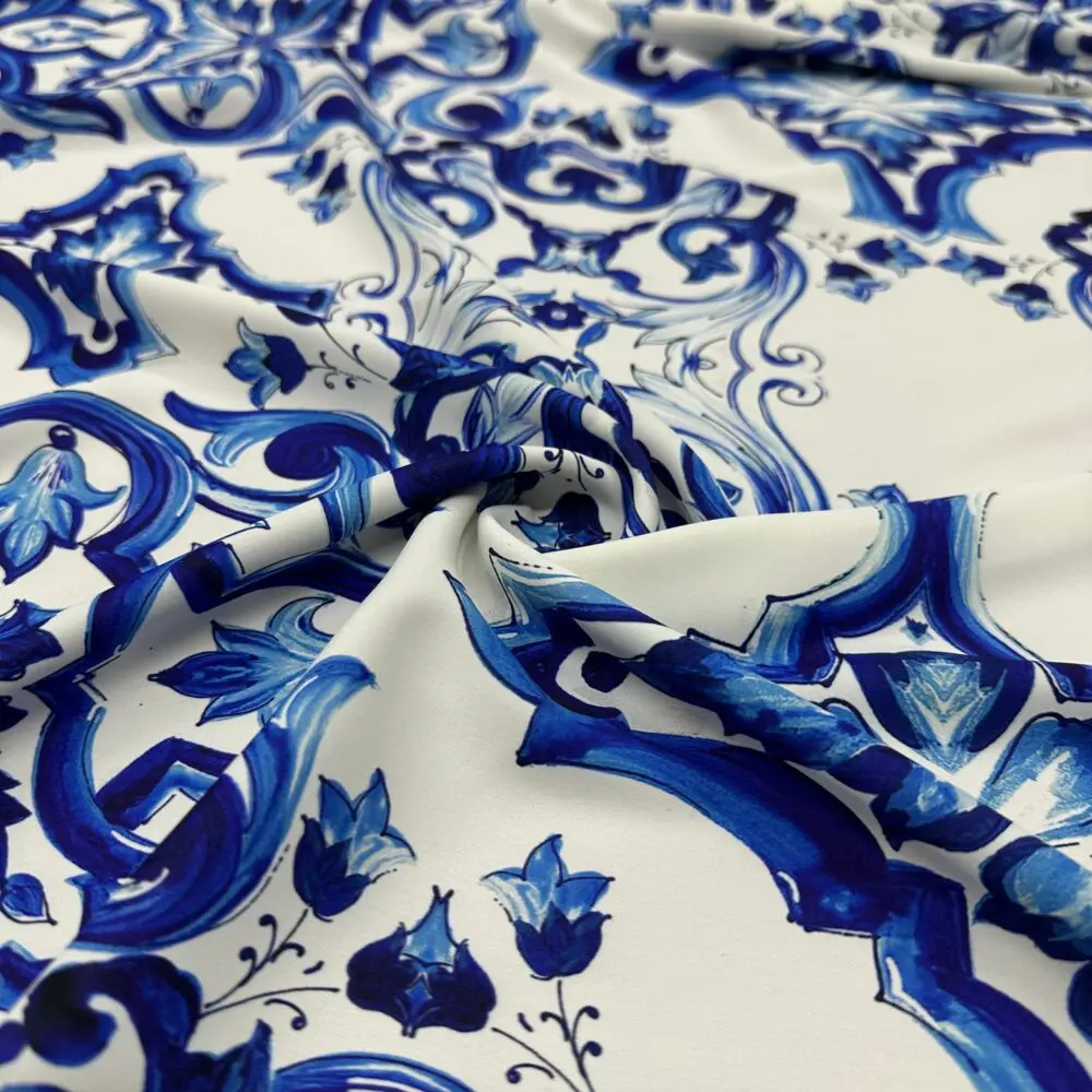 Dolce Gabbana Desen Mavi Jorjet Krep Kumaş