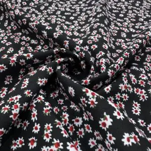 Siyah Tabanlı Çiçek Desenli Pamuk Viskon Kumaş