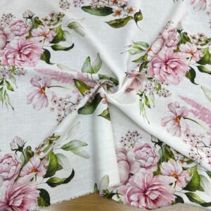 Pembe Çiçek Desen Özel Tasarım Keten Kumaş