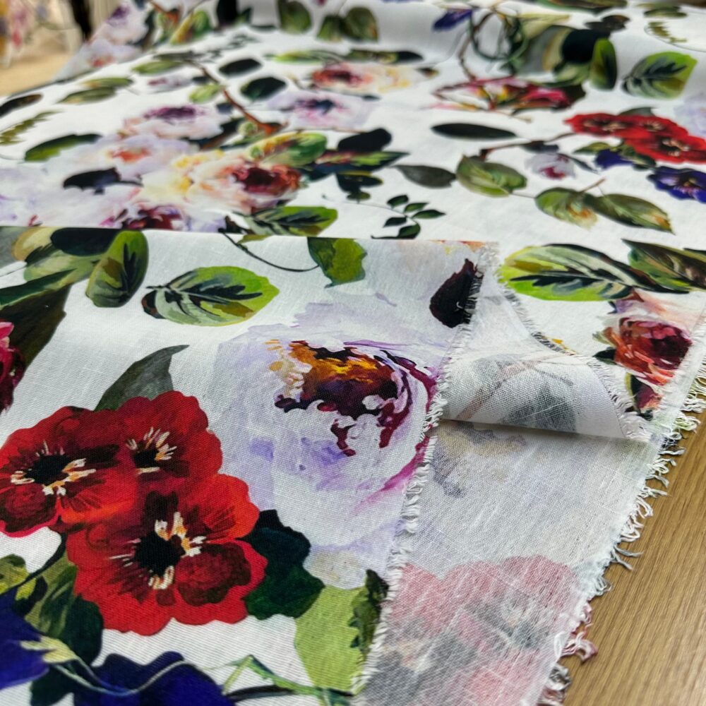 Renkli Çiçek Desen Özel Tasarım Keten Kumaş